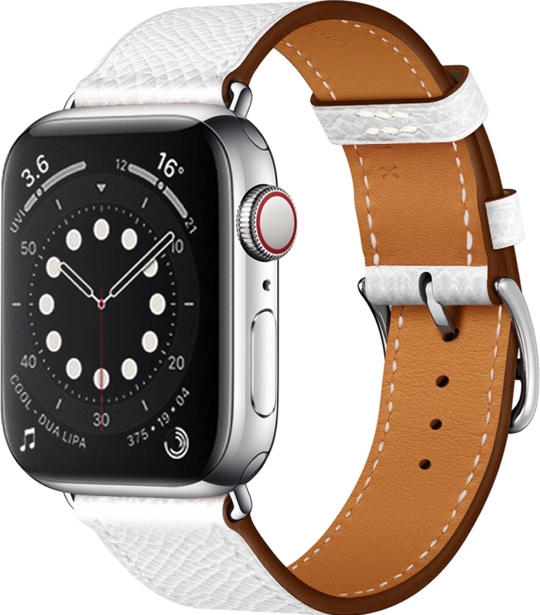 Mobigear Leren Watch bandje geschikt voor Apple Watch Bandje Gespsluiting | Mobigear Torino - 42/41/40/38 mm - Wit