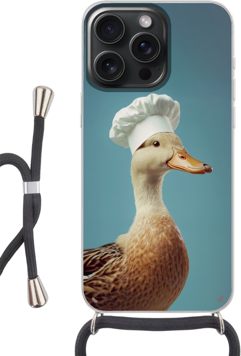 Telefoonhoesje Geschikt voor iPhone 15 Pro - Eend - Koksmuts - Cute - Vogel - Siliconen - Crossbody - Backcover met Koord - Telefoonhoesje met koord - Hoesje met touw Telefoonhoesje