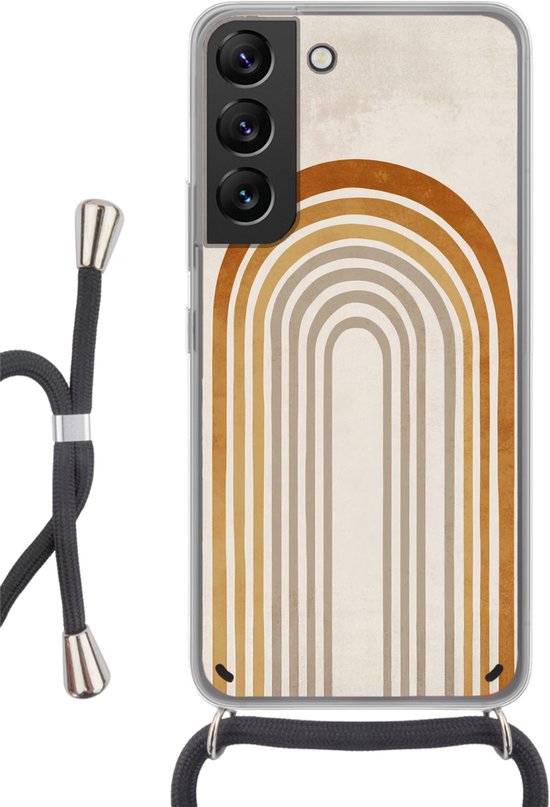 Telefoonhoesje Geschikt voor Samsung Galaxy S22 - Minimalistisch - Boog - Lijnen - Beige - Siliconen - Crossbody - Backcover met Koord - Telefoonhoesje met koord - Hoesje met touw Telefoonhoesje