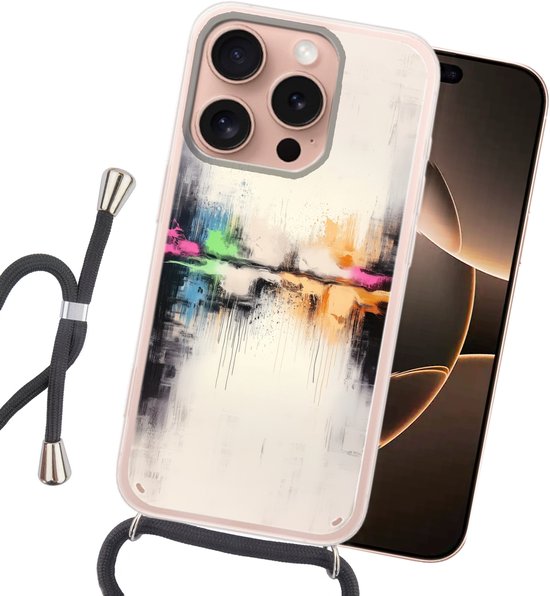 Telefoonhoesje Geschikt voor iPhone 16 Pro - Abstract - Kleurexplosie - Landschap - Siliconen - Crossbody - Backcover met Koord - Telefoonhoesje met koord - Hoesje met touw Telefoonhoesje