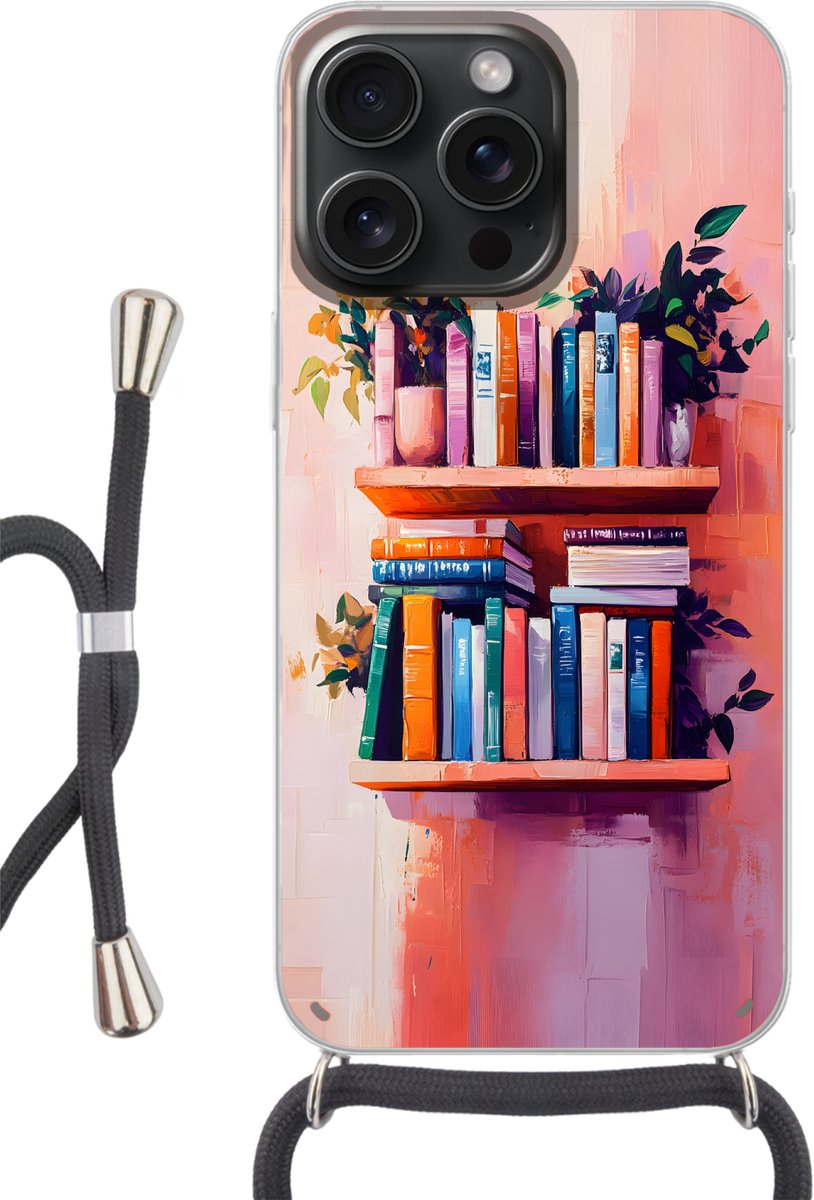 Telefoonhoesje Geschikt voor iPhone 15 Pro - Planken - Boeken - Bladeren - Siliconen - Crossbody - Backcover met Koord - Telefoonhoesje met koord - Hoesje met touw Telefoonhoesje