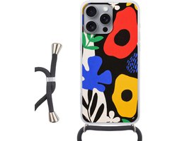 Telefoonhoesje Geschikt voor iPhone 16 Pro Max - Bloemen - Bladeren - Abstract - Zwart - Siliconen - Crossbody - Backcover met Koord - Telefoonhoesje met koord - Hoesje met touw Telefoonhoesje