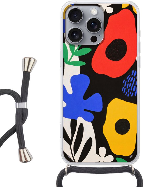 Telefoonhoesje Geschikt voor iPhone 16 Pro Max - Bloemen - Bladeren - Abstract - Zwart - Siliconen - Crossbody - Backcover met Koord - Telefoonhoesje met koord - Hoesje met touw Telefoonhoesje