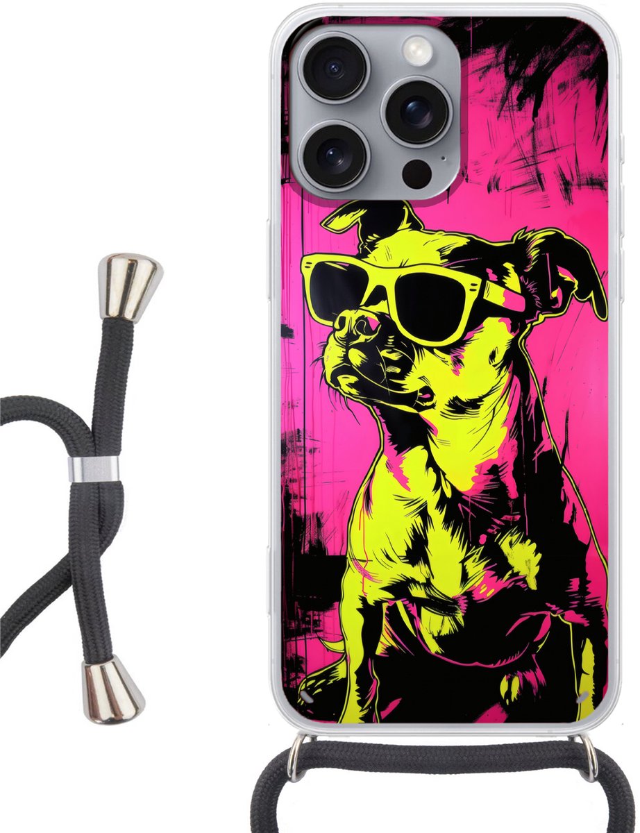 Telefoonhoesje Geschikt voor iPhone 16 Pro Max - Hond - Zonnebril - Roze - Art - Siliconen - Crossbody - Backcover met Koord - Telefoonhoesje met koord - Hoesje met touw Telefoonhoesje