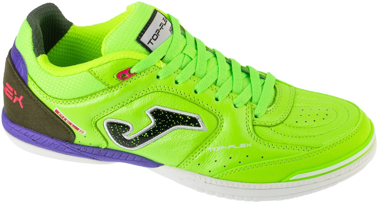 JOMA Top Flex zaalvoetbalschoenen in groen met paarse accenten, maat EU 44, ontworpen voor optimale grip en comfort.