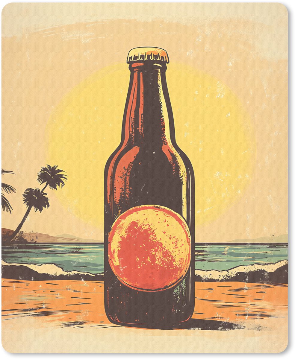 Muismat 19x23 cm - Mousepad Bierfles - Zonsondergang - Palmbomen - Zee - Muismatten