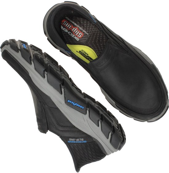 Zwarte Skechers slip-on herenschoenen met Goodyear zolen.
