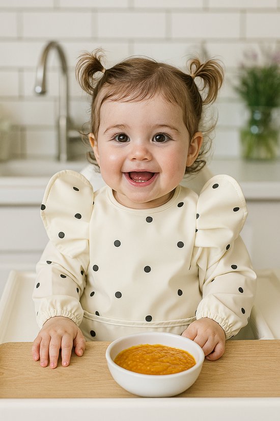 Joya Kids® Slabber Lange Mouwen Wit Zwart Gestipt met Brede Opvangbak - Peuter Kliederschort met Pofmouwen - Verfschort - Schattig Baby Slabbertje Meisje / Schort - Mouwslab - Mouwslabber met Zwarte Stippen - Maat S - 6 tot 12 Maanden Oud van Merkloos — afbeelding 3