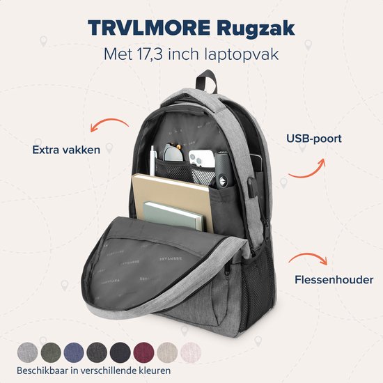 Grijze rugzak, open met laptopvak, extra vakken, USB-poort en flessenhouder. Verkrijgbaar in diverse kleuren.
