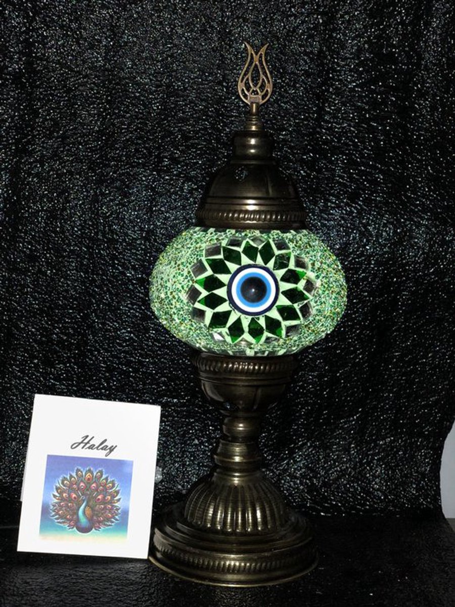 Handgemaakte lamp - mozaïek nachtlamp met nazar blauw oog - 1 stuk - groen en kleurrijk design