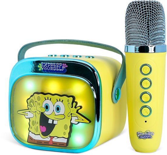 Gele speaker met Spongebob thema en lichteffecten, naast een gele microfoon.