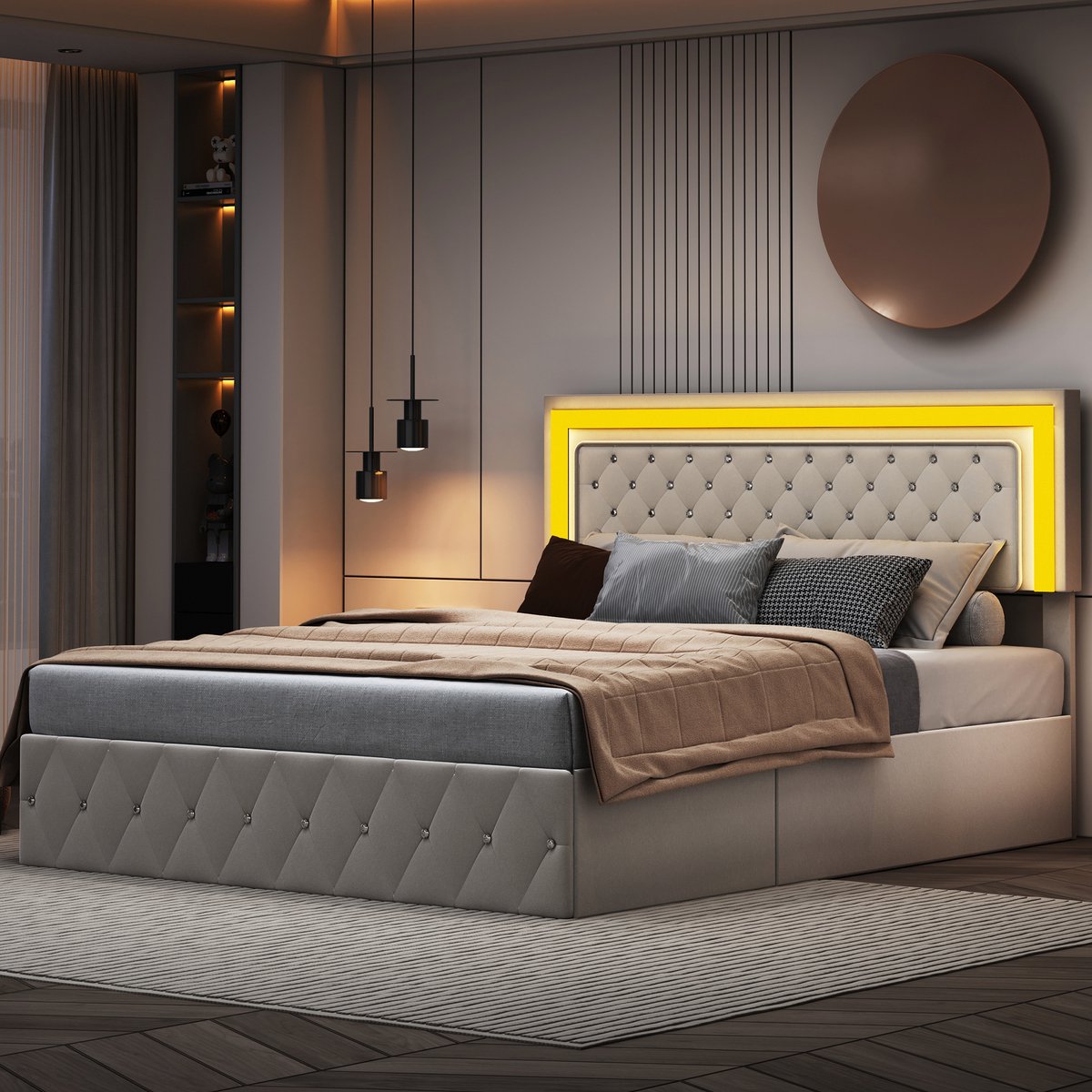 Gestoffeerd bed 140x200 cm, pneumatisch opbergbed met LED-hoofdbord en lattenbodem, jeugdbed Bedframe, zonder matras, fluweelstof beige