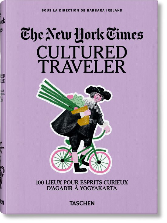 The New York Times CULTURED TRAVELER boek met een illustratie van een persoon op een fiets met een bos bloemen.