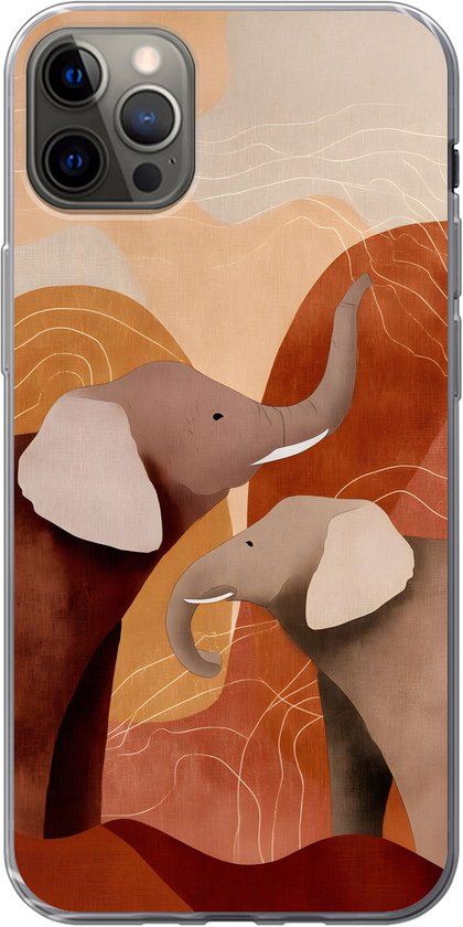 Coque avec un imprimé abstrait de deux éléphants, dans des tons orange, marron et beige avec des lignes blanches.