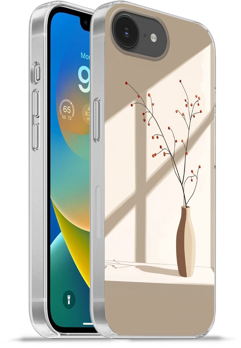 Telefoonhoesje Geschikt voor iPhone 16e hoesje - Vaas - Takken - Bessen - Minimalistisch - Siliconen Telefoonhoesje Telefoonhoesje
