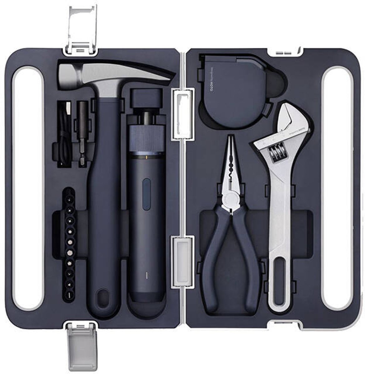 HOTO 3.6V Cordless Electric Screwdriver Tool Set – 5-in-1 doe-het-zelfset – LED-lamp, 3 koppelstanden, 10 bits, draadloze elektrische schroevendraaier, hamer, tang, verstelbare moersleutel en meetlint – Compacte opbergkoffer