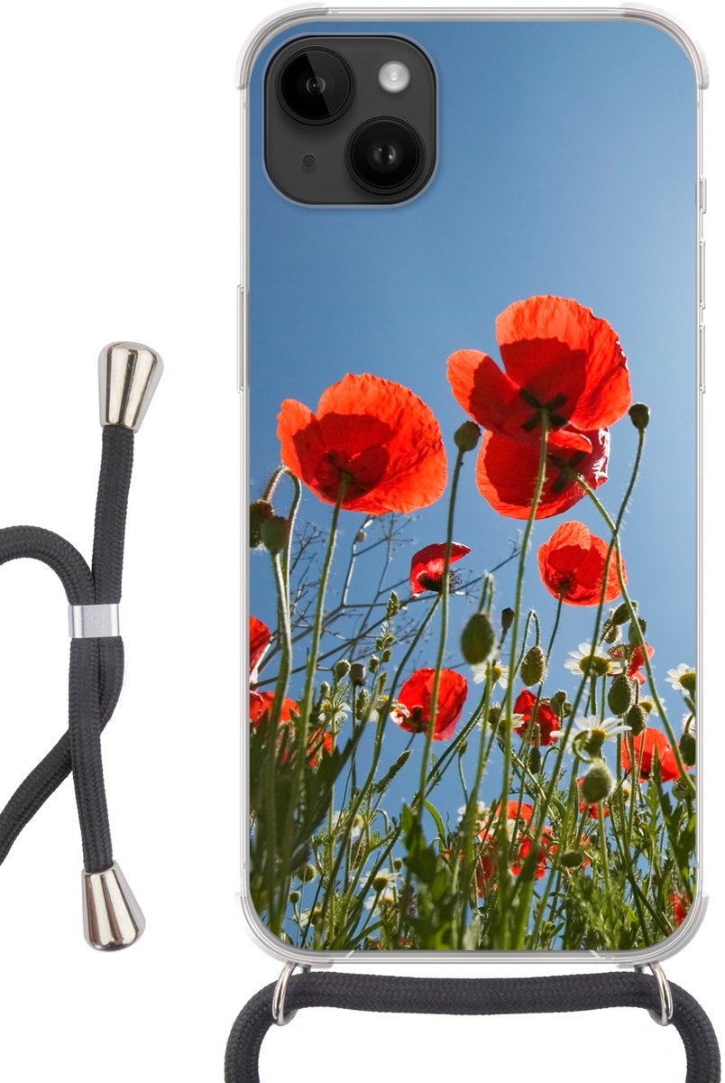 Telefoonhoesje Geschikt voor Apple Iphone 14 Max - Felle zon boven een aantal klaprozen in Spanje - Siliconen - Crossbody - Backcover met Koord - Telefoonhoesje met koord - Hoesje met touw Telefoonhoesje