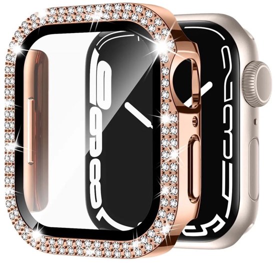 Glinsterend rosé Apple Watch hoesje met ingelegde steentjes en bijpassend bandje.