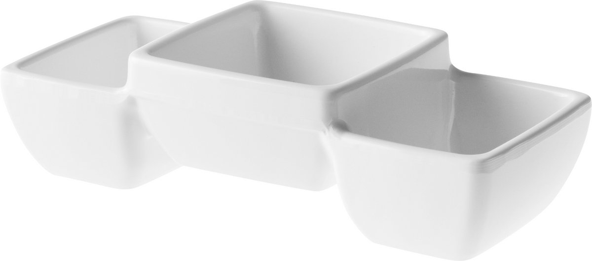 Snackschaaltje - 1x stuks - 3-vaks - 14x6 cm - wit - melamine - serveerschaal - 150 ml - snacks