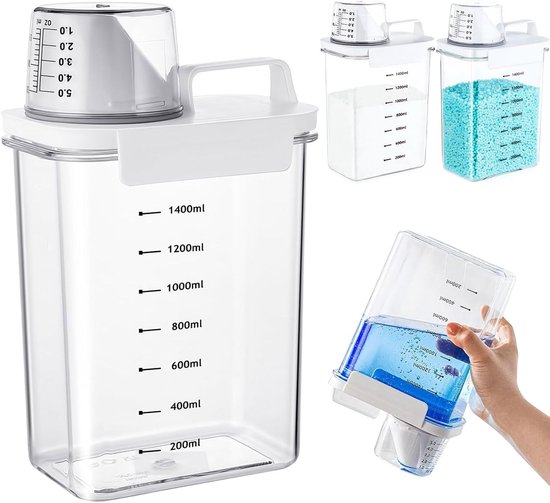 Wasmiddeldispenser, geurversterker, dispenser, waspoeder opslag, wasmiddelcontainer voor stof, wasmiddelhouder met maatbeker voor waspoeder Wasmiddeldispenser, geurversterker, dispenser, waspoeder opslag, wasmiddelcontainer voor stof, wasmiddelhouder met maatbeker voor waspoeder