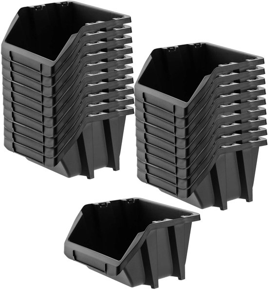KADAX Stapelkist met deksel, opbergbox van PP-kunststof, opbergbox in verschillende maten en kleuren, opbergdozen met klep voor gereedschapswand (zwart, 10 stuks, 195 x 120 mm