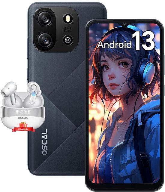 Oscal Flat 1C Smartphone - 4GB RAM 32GB ROM - Android 13 - 4700 mAh - Dual SIM 4G - GPS - Zwart met Bluetooth-headset Oscal Hibuds 6 Wit