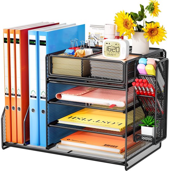 XREE Bureau-organizer en kantooraccessoires, 7 vakken, mesh, metaal, paars, bureau-organizer met lade en penhouder, voor kantoormedewerkers, kantoor, school en huishouden