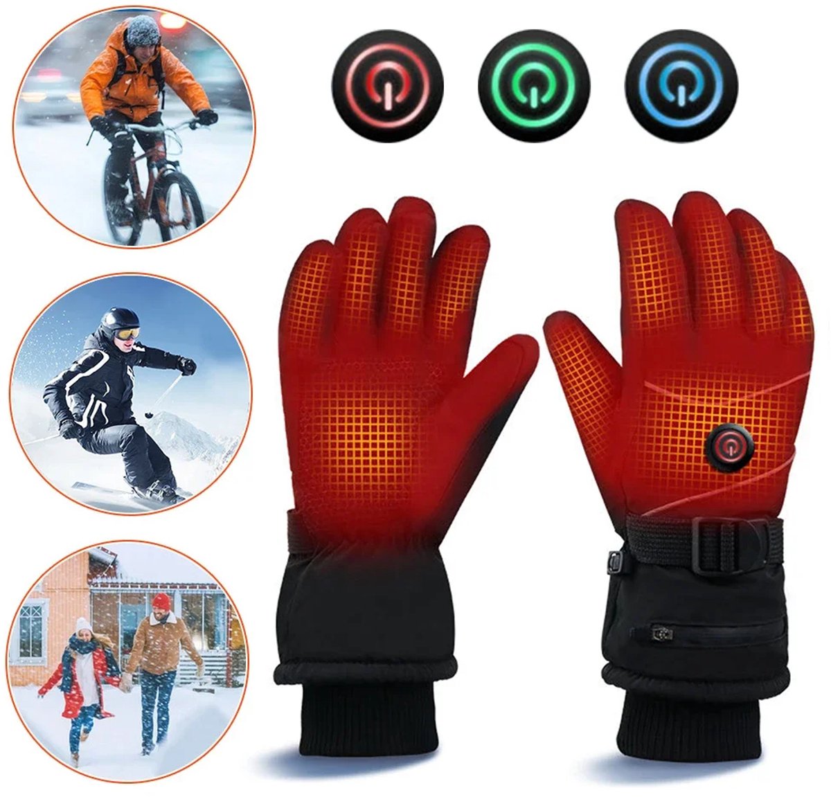 Verwarmde handschoenen voor dames en heren – Waterdichte en winddichte winterhandschoenen met verwarming – Thermische elektrische skihandschoenen met touchscreen – DC plug-in verwarmingsfunctie Zwart