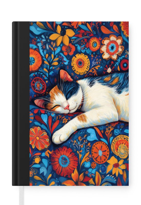 Foto: Notitieboek schrijfboek kat bloemenpatroon blauw oranje notitieboekje klein a5 formaat schrijfblok