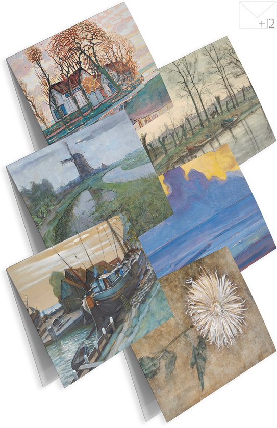 Wenskaarten set Piet Mondriaan - 12 dubbele wenskaarten met enveloppen - blanco wenskaarten zonder tekst - Extra stevige wenskaarten met hoogglans UV-lak