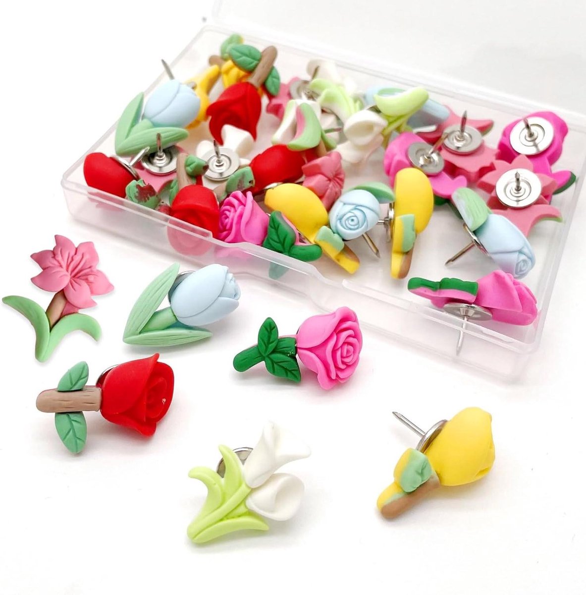 ByShane - Decoratieve Prikbord Spelden Set van 30 Stuks Bloemen en Rijstbestemmingsnaalden - Kleurrijke Punaises voor DIY - Hars Prikbordnaalden in Plastic Doos