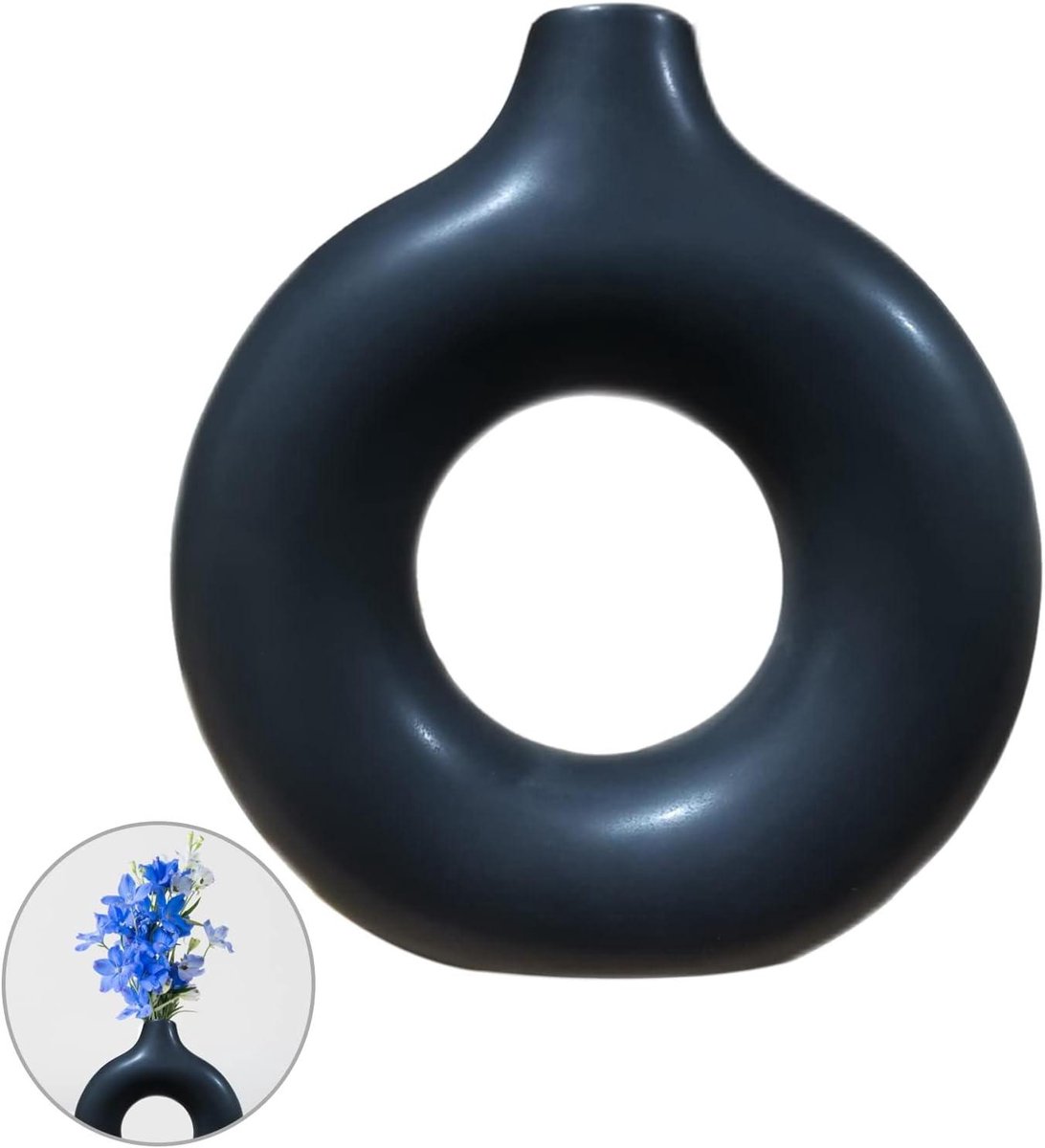 By Shayne ByShane - Ronde Donut Vaas voor Modern Interieur | Bloemenvaas Pampasgras | Zwarte Keramische Vaas voor Woonkamerdecoratie | Housewarming Cadeau Any