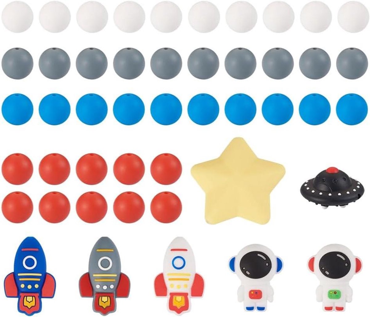 Smoakez - Siliconen kralen set voor ruimte thema: 48 stuks 3D astronaut 15mm ronde rubberen kralen