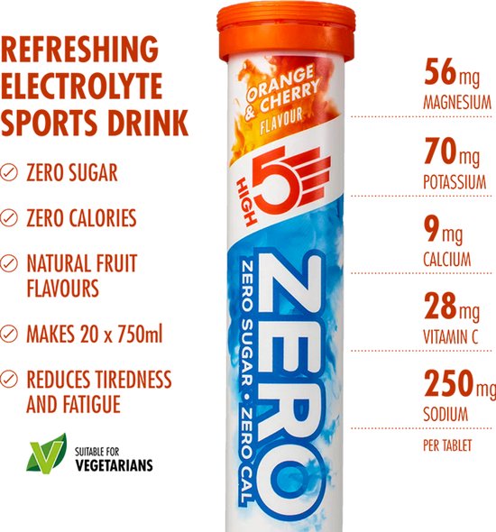 HIGH5 - ZERO Elektrolyten - Suikervrije Elektrolyten Bruistabletten - Caloriearm & Verfrissend - Sinaasappel & Kers Smaak - 1x20 Stuks - Voor Sport & Hydratatie van High5 — afbeelding 3