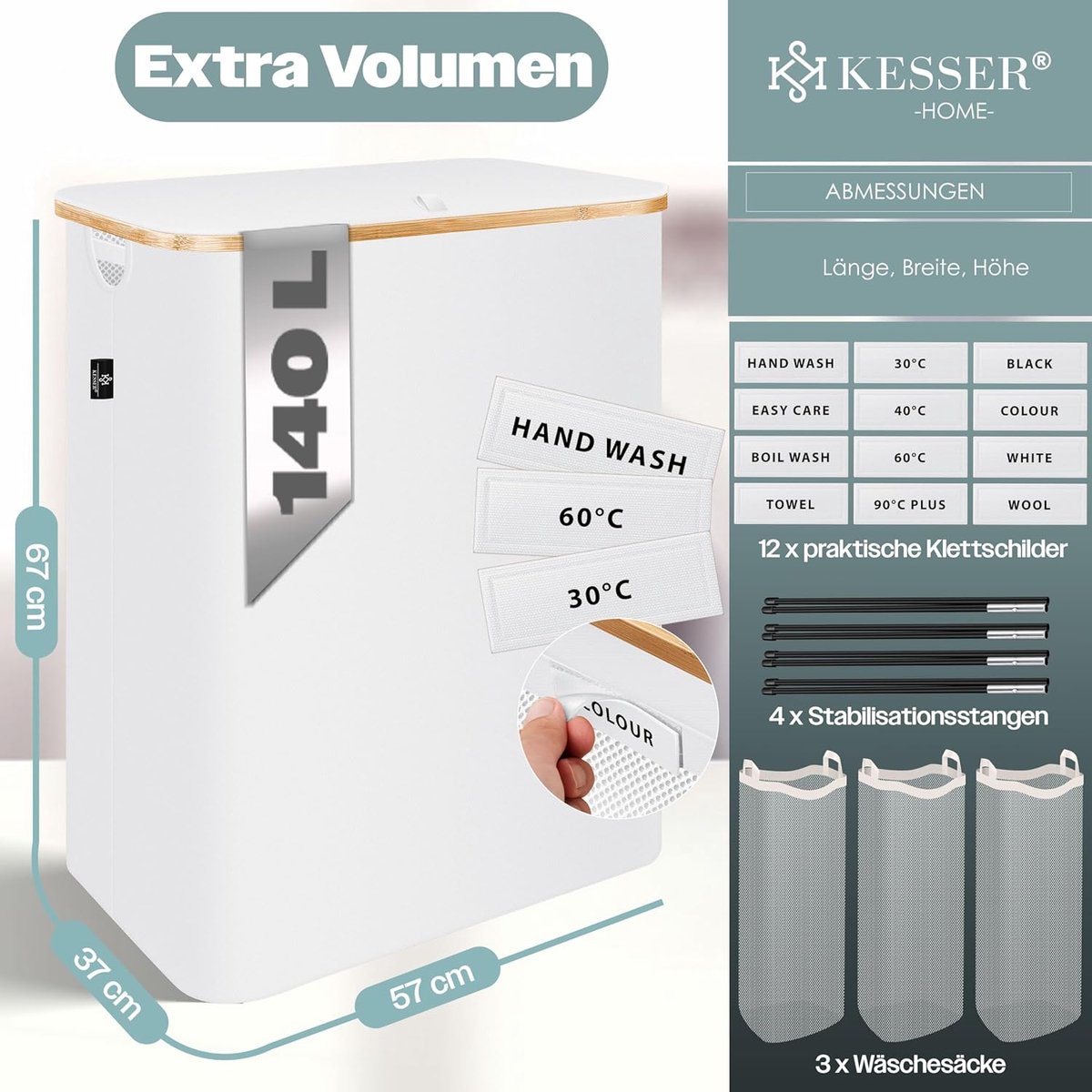 RFWR® Opvouwbare Wasmand met Decor, 2 Vakken, 140 Liter, Inclusief Waszakken en Organiser, Wit