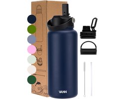 VANN® 3-Wandige RVS Drinkfles 1 Liter met rietje voor volwassenen – Met 5 accessoires – Thermosfles – 24 uur koud/12 uur warm – Blauw – VANN Ultimate Bottle®