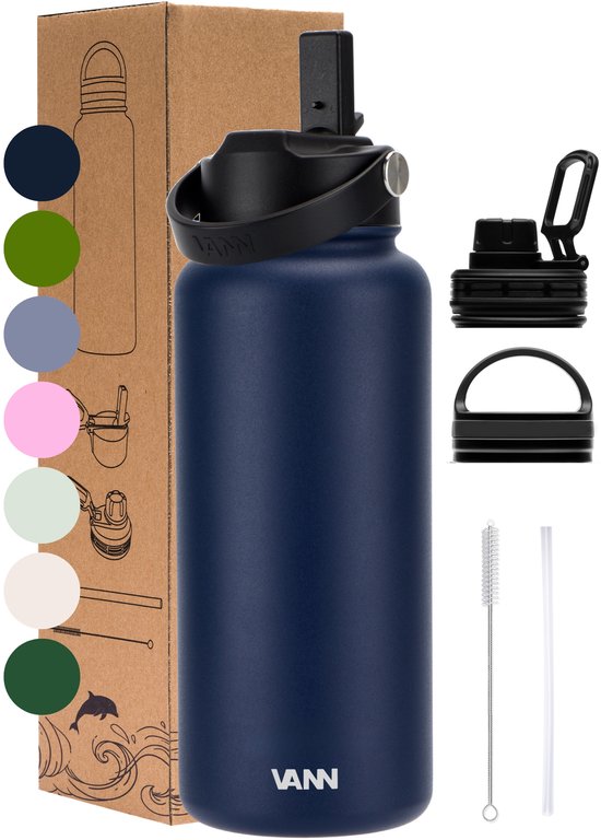 VANN® 3-Wandige RVS Drinkfles 1 Liter met rietje voor volwassenen – Met 5 accessoires – Thermosfles – 24 uur koud/12 uur warm – Blauw – VANN Ultimate Bottle®