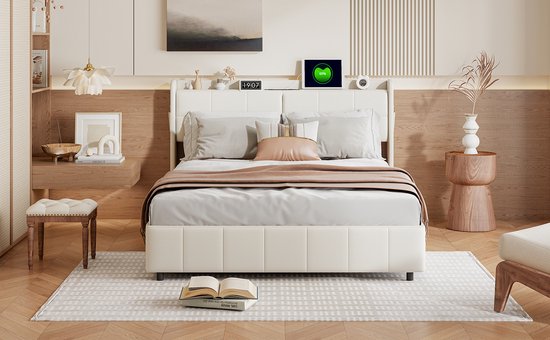 Lit 160x200 avec tiroirs,lit capitonné,lit double,lit adulte,avec LED réglable et chargement USB,sommier à lattes,tissu en lin,beige Lit 160x200 avec tiroirs,lit capitonné,lit double,lit adulte,avec LED réglable et chargement USB,sommier à lattes,tissu en lin,beige