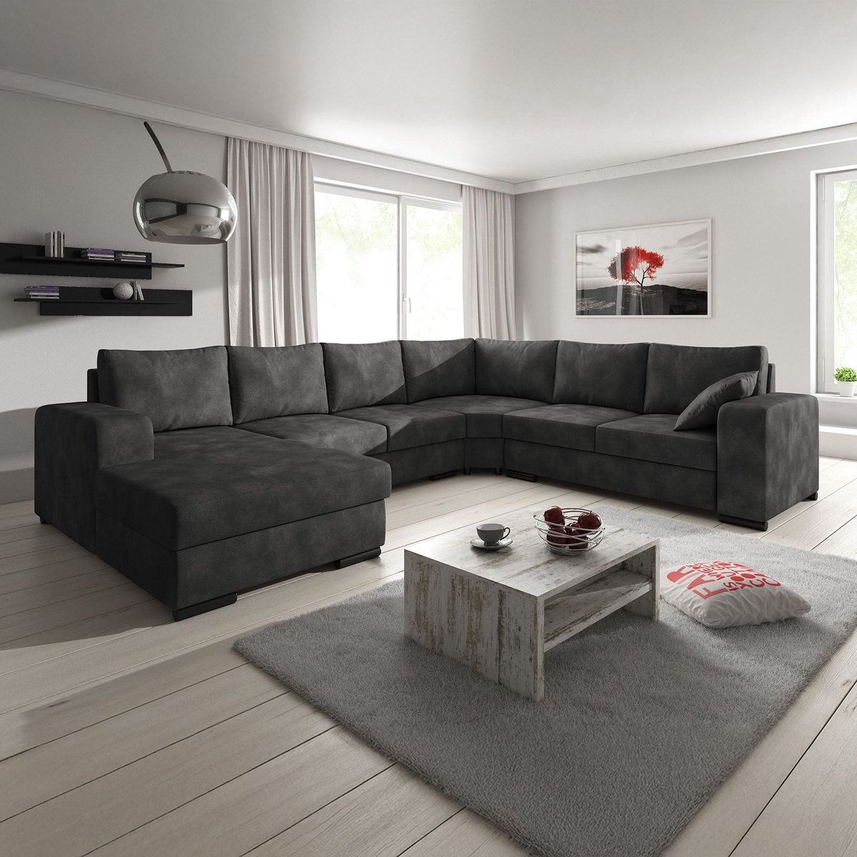 Meubella - Adel - Hoekbank 5-zits met chaise longue - Antraciet - Leer - Links