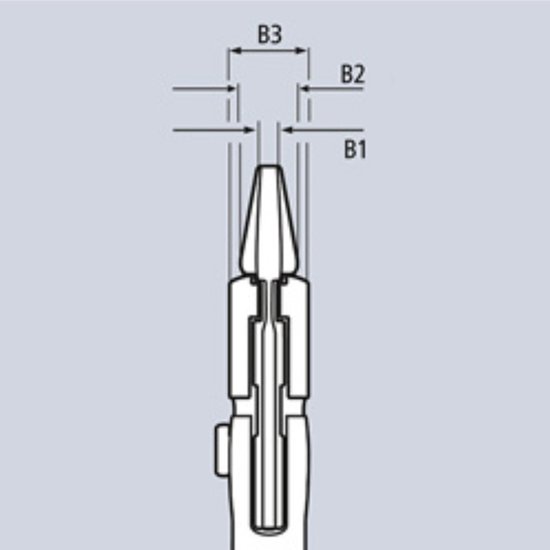 Detail van de punt van een tang met afmetingen B1, B2, B3.