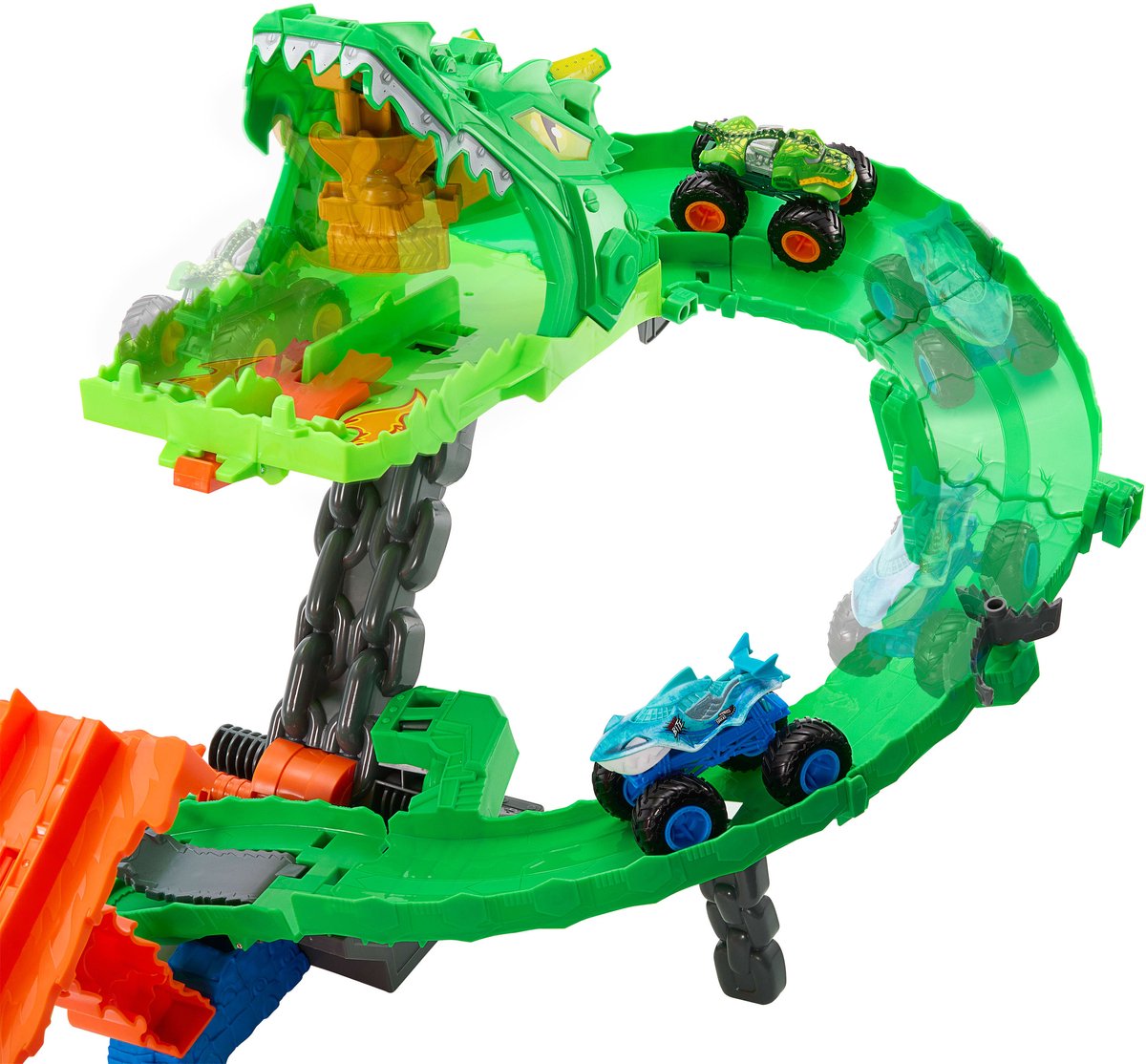 Hot Wheels Monstertrucks - Haaien vs. Dino's Draak Vernietiging Speelset en 2 Speelgoedtrucks — cadeau in Spellen & Speelgoed - foto 4