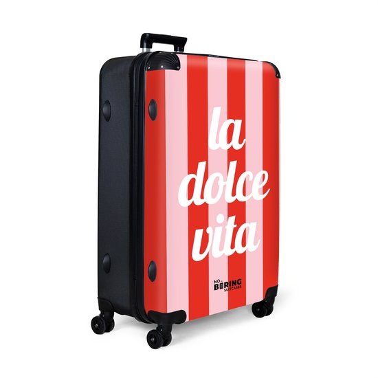 NoBoringSuitcases.com® - Koffer groot - Reiskoffer lichtgewicht - Rode en roze strepen met de quote 'la dolce vita' - Rolkoffer met 4 wielen - Grote trolley XL - 98 liter bagage