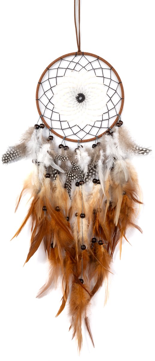 KIMU® Dromenvanger Bruin Wit - Dreamcatcher Veren Macramé - Bohemian Ibiza Kinderen Boho Babykamer Buiten Kado Meisjeskamer Veertjes Festival