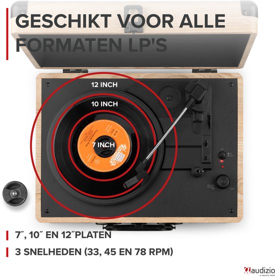 Retro platenspeler met platenkoffer - Audizio RP116LW - Platenspeler Bluetooth - Met speakers - Houtlook — afbeelding 5
