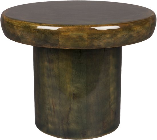 Table d'appoint verte avec plateau rond et pied cylindrique, isolée sur fond blanc.