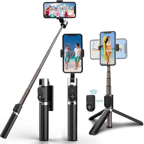 Draagbare Bluetooth Selfie Stick Statief – Aluminium Intrekbaar – 80cm – Met Afstandsbediening – Compatibel met iPhone / Samsung / Android Smartphones – 360° Rotatie – Zwart