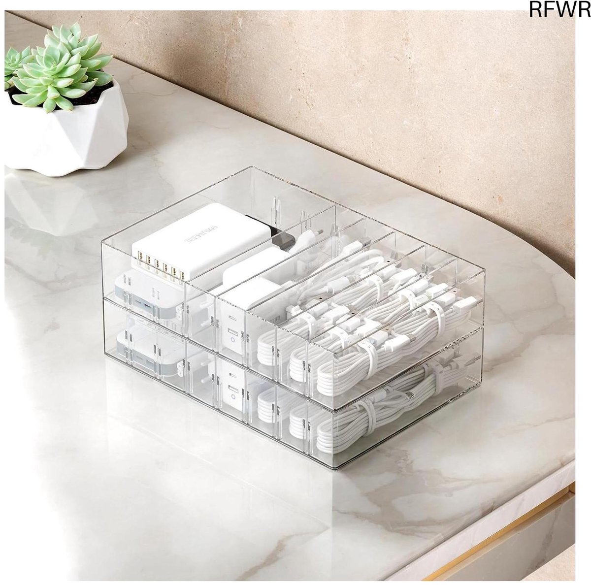RFWR® Grote Kabelopbergdoos met 7 Vakken en 14 Kabelbinders – Transparant Kabel Organizer voor Bureau en Kantoor