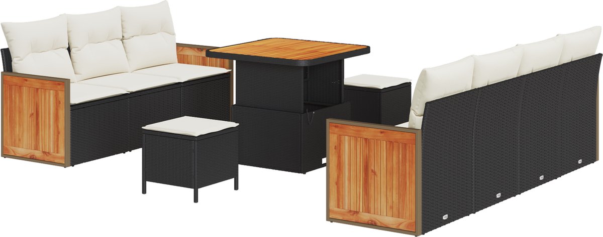 vidaXL - Tuinbank - Set - met - kussen - 10 - pcs - Zwart - en - Crème