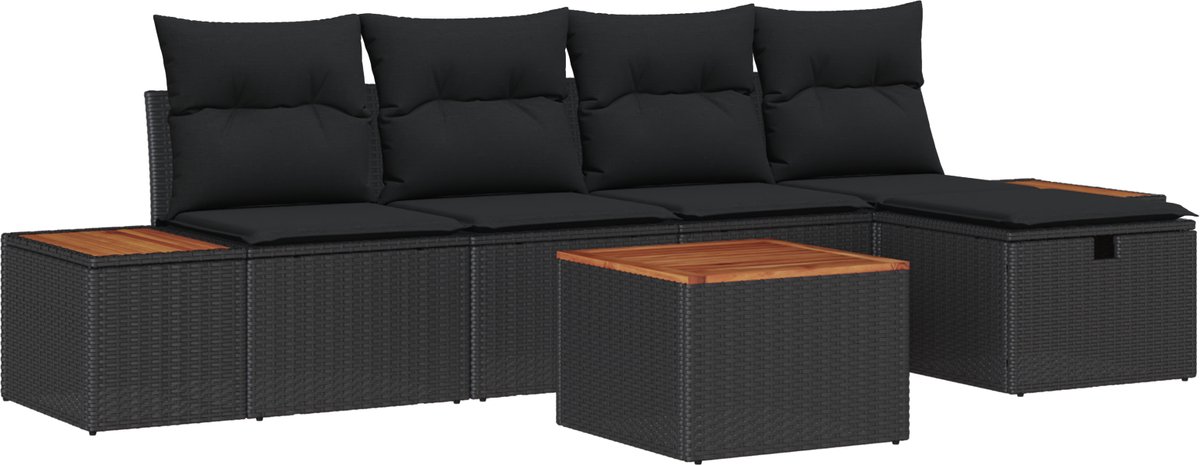 vidaXL - Tuinbank - Set - met - kussen - 6 - pcs - Zwart - poly - rattan