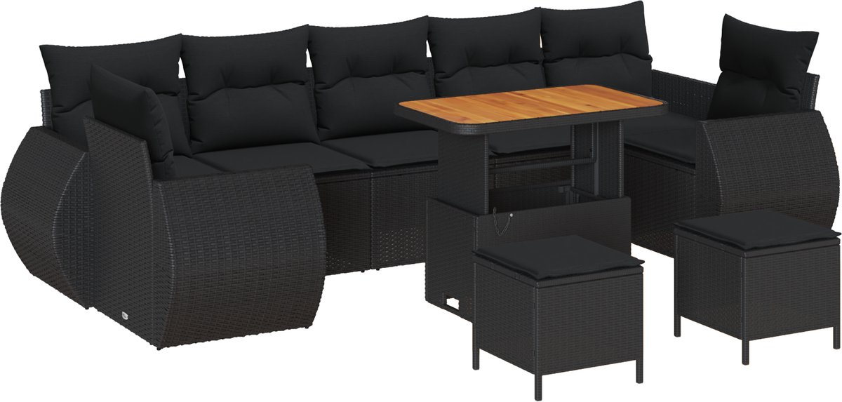 vidaXL - Tuinbank - Set - 10 - pcs - Zwart - Poly - rattan - en - gepoedercoat - staal